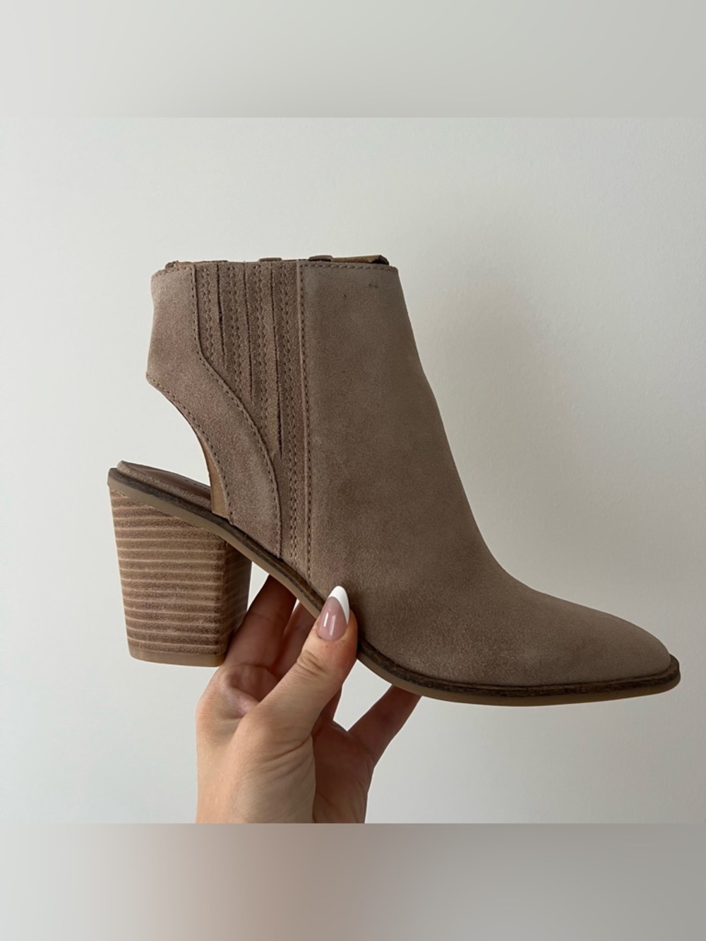 Lucky Brand Shyna Taupe Suede Cutout Block Heel Bootie